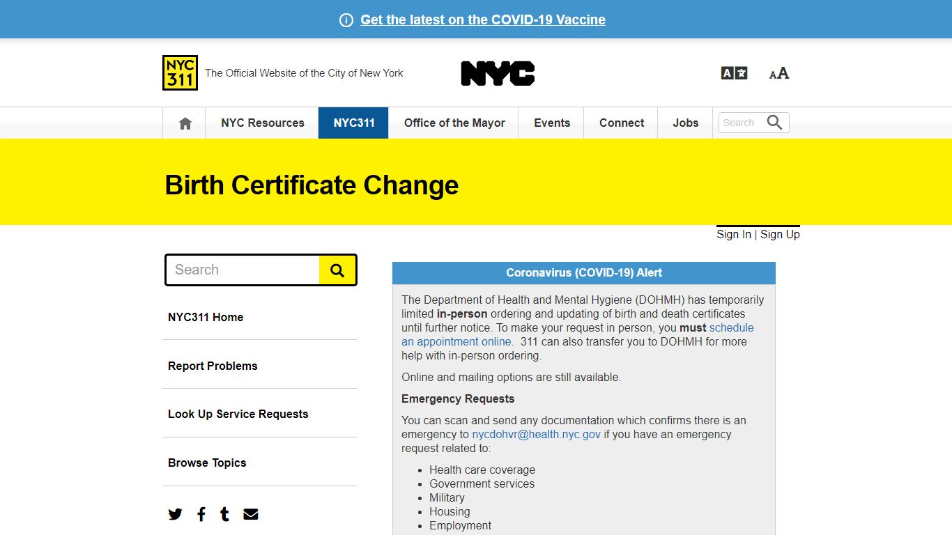 Birth Certificate Change · NYC311 - New York City